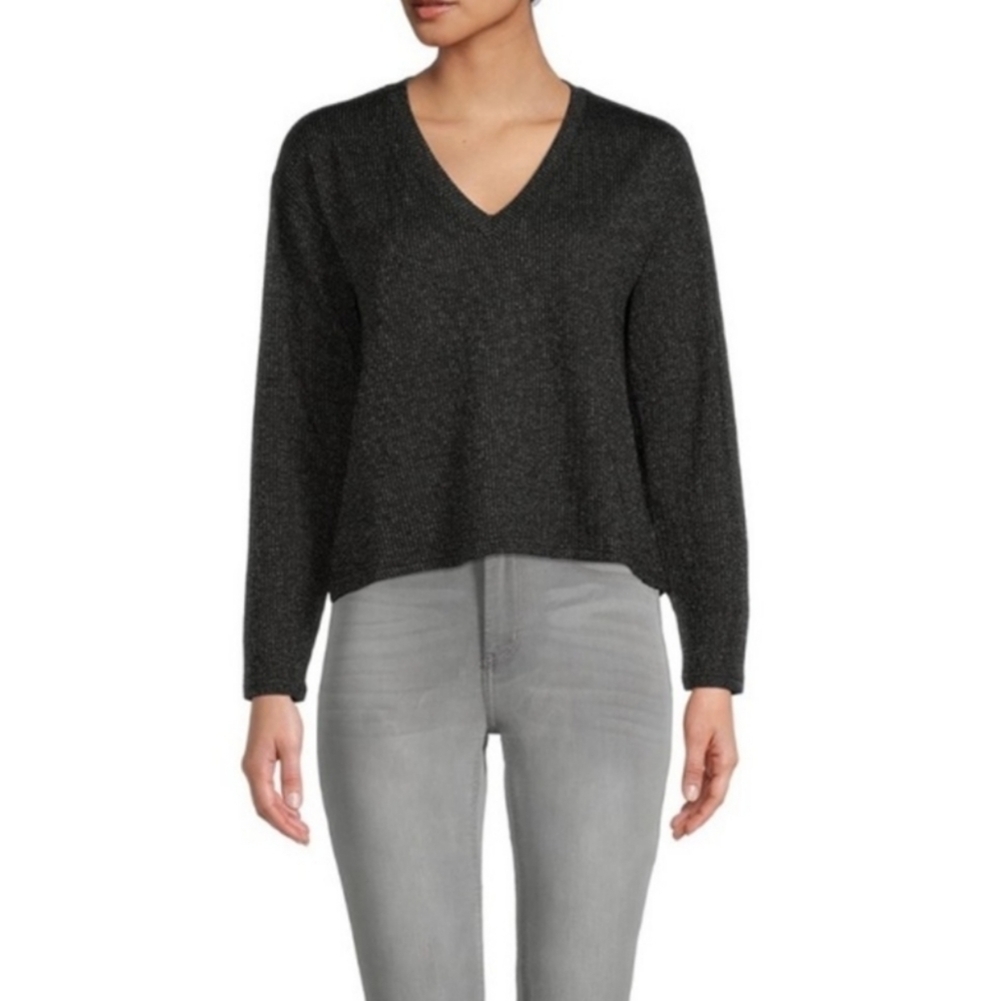 Time & Tru Grey & Black Ribbed Long Sleeve Pullover V-Neck Knit Top Sz L - Picture 15 of 16